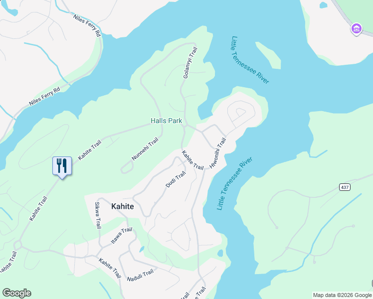 map of restaurants, bars, coffee shops, grocery stores, and more near 102 Dudi Trail in Vonore