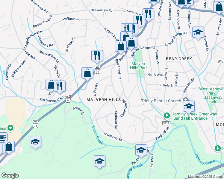 map of restaurants, bars, coffee shops, grocery stores, and more near 97 School Road in Asheville