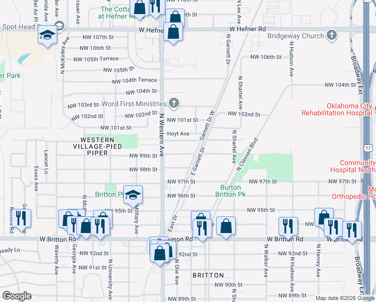 map of restaurants, bars, coffee shops, grocery stores, and more near 913 Northwest 99th Street in Oklahoma City