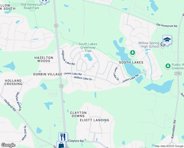 map of restaurants, bars, coffee shops, grocery stores, and more near 765 Arrowhead Lake Court in Fuquay-Varina