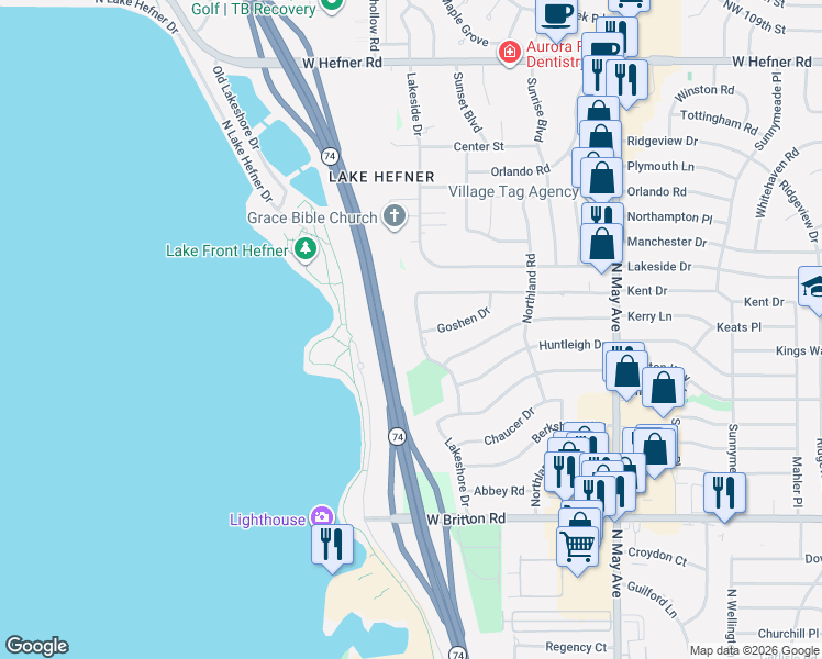 map of restaurants, bars, coffee shops, grocery stores, and more near 9905 Lakeshore Drive in Oklahoma City