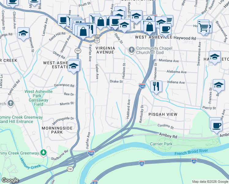 map of restaurants, bars, coffee shops, grocery stores, and more near 26 Durham Street in Asheville