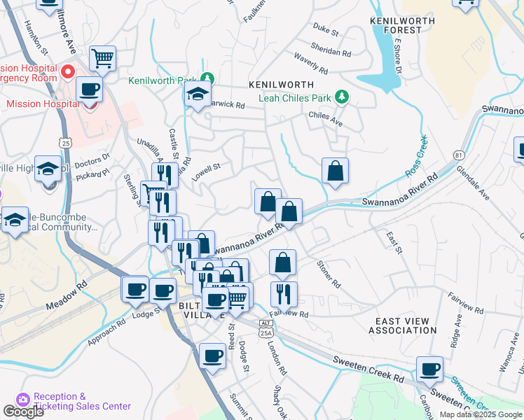 map of restaurants, bars, coffee shops, grocery stores, and more near 52 Swannanoa River Road in Asheville