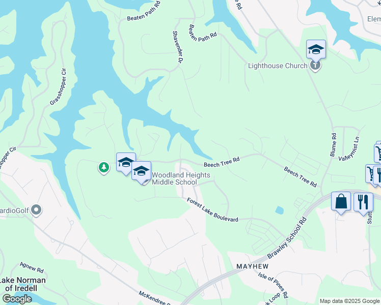 map of restaurants, bars, coffee shops, grocery stores, and more near Beech Tree Road in Mooresville