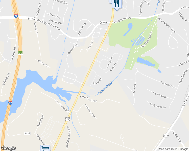 map of restaurants, bars, coffee shops, grocery stores, and more near 124 Aztec Circle in Mooresville
