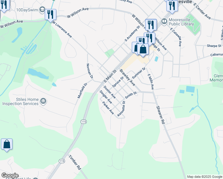map of restaurants, bars, coffee shops, grocery stores, and more near 730 Spruce Street in Mooresville