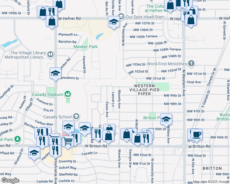 map of restaurants, bars, coffee shops, grocery stores, and more near 10004 Lancet Lane in Oklahoma City