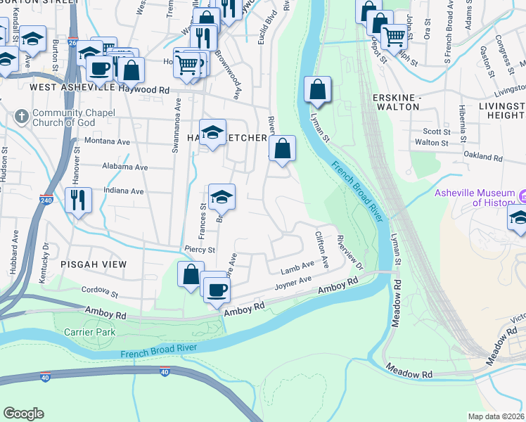 map of restaurants, bars, coffee shops, grocery stores, and more near 26 Desota Street in Asheville