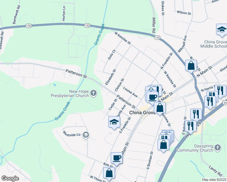 map of restaurants, bars, coffee shops, grocery stores, and more near 512 Patterson Street in China Grove