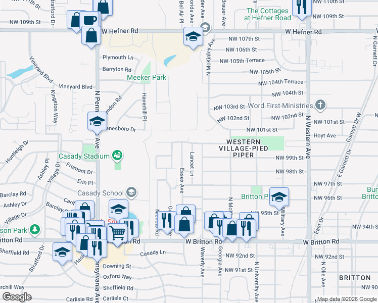 map of restaurants, bars, coffee shops, grocery stores, and more near 10005 Lancet Lane in The Village