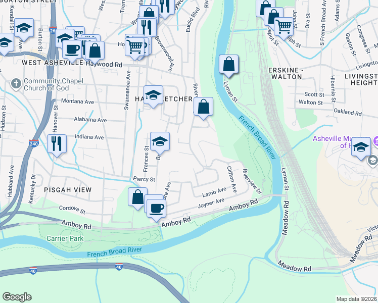 map of restaurants, bars, coffee shops, grocery stores, and more near 26 Desota Street in Asheville