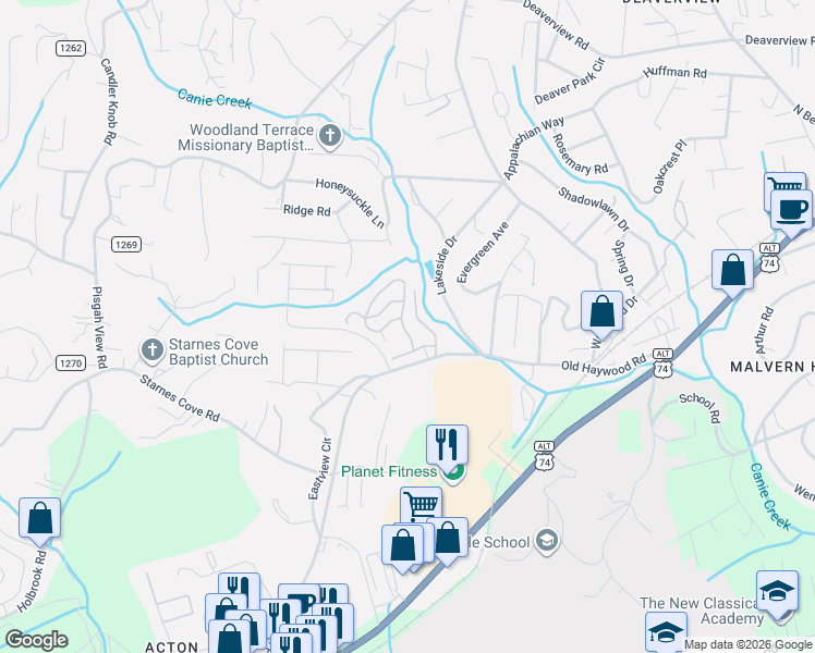 map of restaurants, bars, coffee shops, grocery stores, and more near 121 Rough Bark Trail in Asheville