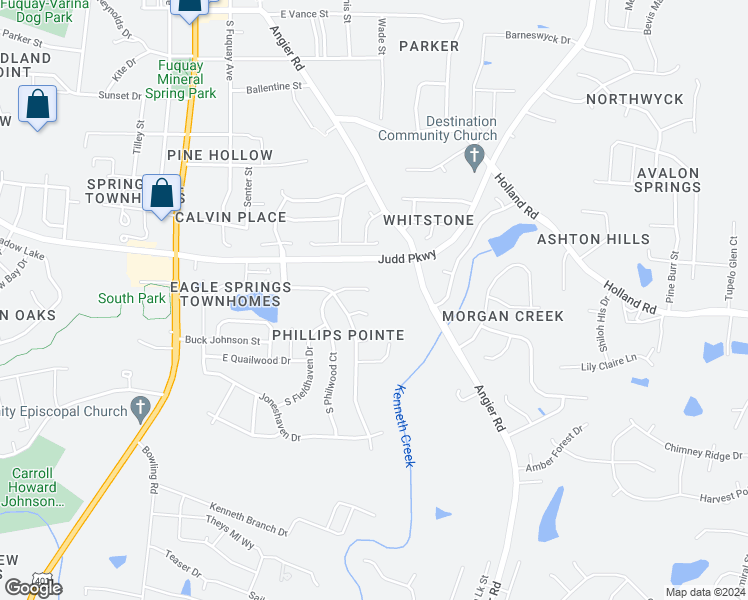 map of restaurants, bars, coffee shops, grocery stores, and more near 907 South Philwood Court in Fuquay-Varina