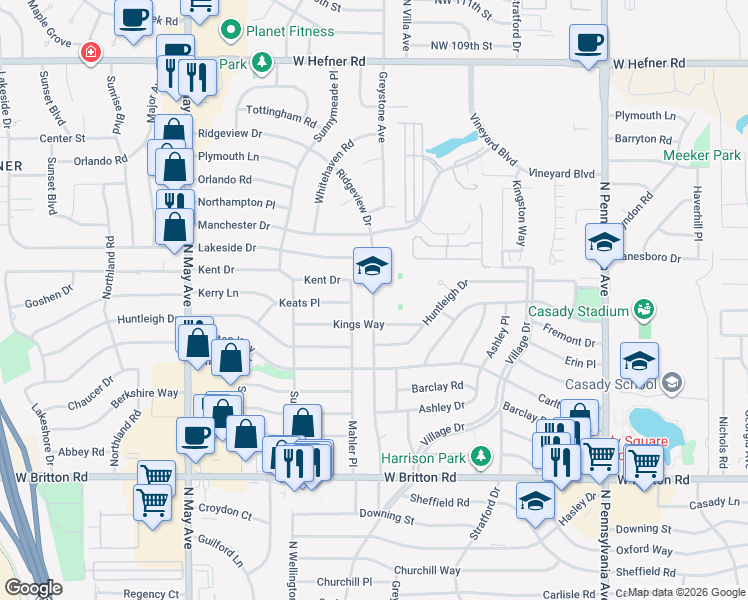 map of restaurants, bars, coffee shops, grocery stores, and more near 10010 Ridgeview Drive in The Village