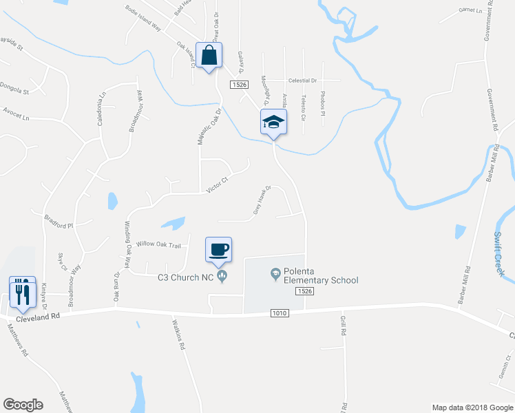 map of restaurants, bars, coffee shops, grocery stores, and more near Grey Hawk Dr in Clayton