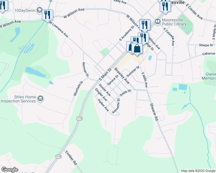 map of restaurants, bars, coffee shops, grocery stores, and more near 722 Spruce Street in Mooresville