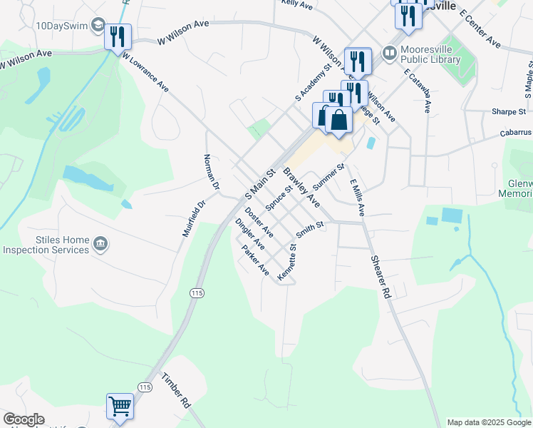 map of restaurants, bars, coffee shops, grocery stores, and more near 722 Spruce Street in Mooresville