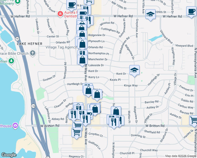 map of restaurants, bars, coffee shops, grocery stores, and more near 2720 Kent Drive in The Village