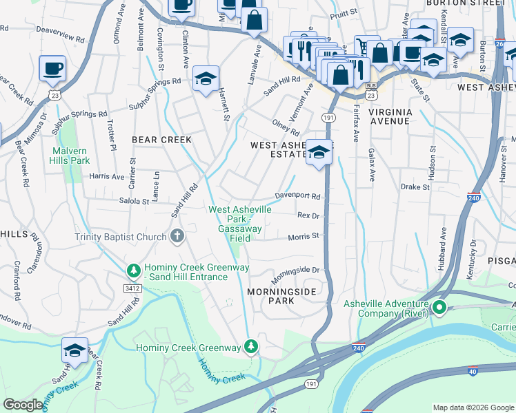 map of restaurants, bars, coffee shops, grocery stores, and more near 65 Davenport Road in Asheville