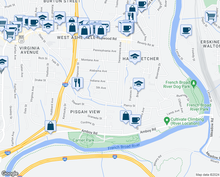 map of restaurants, bars, coffee shops, grocery stores, and more near 170 Michigan Avenue in Asheville