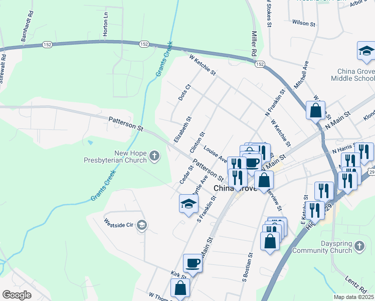 map of restaurants, bars, coffee shops, grocery stores, and more near 512 Patterson Street in China Grove