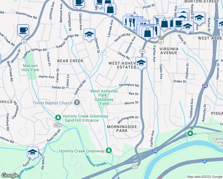 map of restaurants, bars, coffee shops, grocery stores, and more near 65 Davenport Road in Asheville