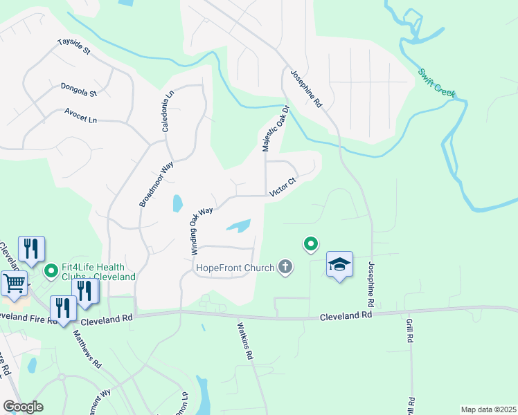 map of restaurants, bars, coffee shops, grocery stores, and more near 29 Winding Oak Way in Clayton