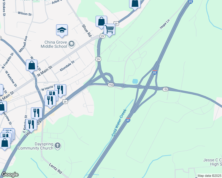 map of restaurants, bars, coffee shops, grocery stores, and more near 1180 Power Street in China Grove