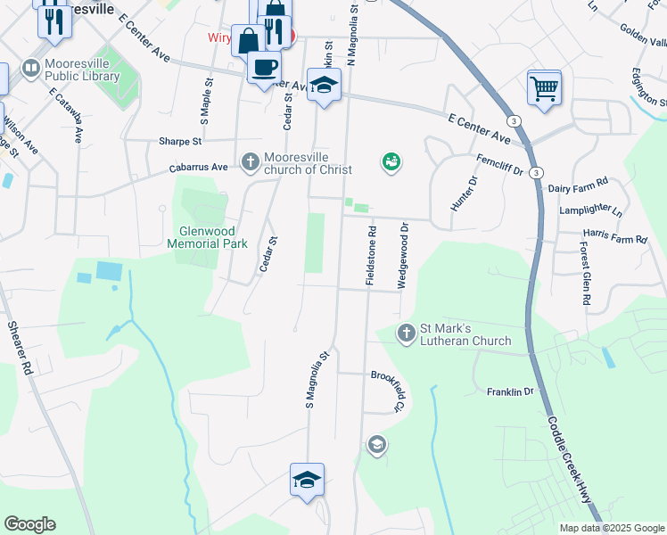 map of restaurants, bars, coffee shops, grocery stores, and more near 361 South Magnolia Street in Mooresville