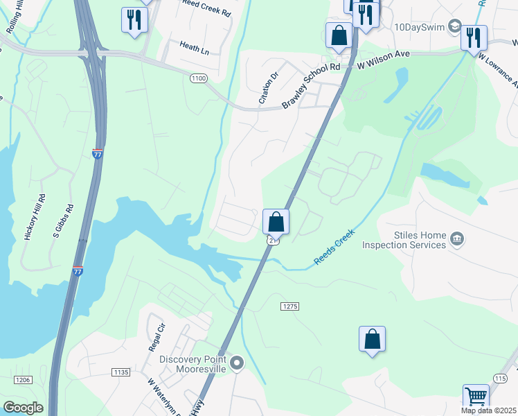 map of restaurants, bars, coffee shops, grocery stores, and more near 126 North Arcadian Way in Mooresville
