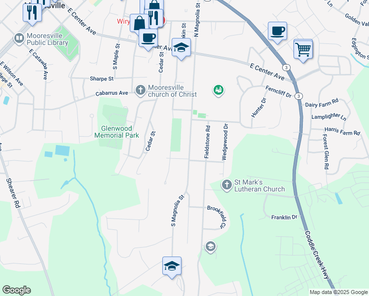 map of restaurants, bars, coffee shops, grocery stores, and more near 361 South Magnolia Street in Mooresville