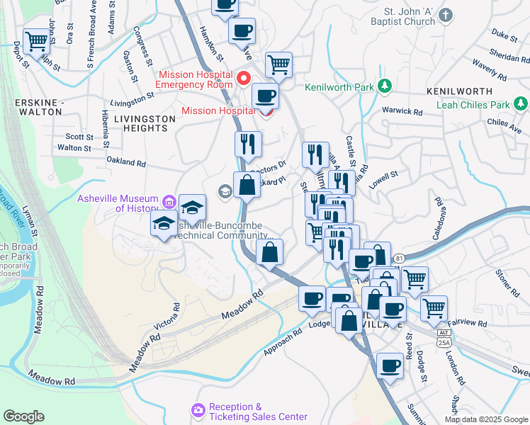map of restaurants, bars, coffee shops, grocery stores, and more near 49 Grindstaff Drive in Asheville