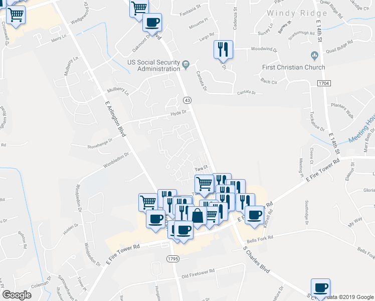 map of restaurants, bars, coffee shops, grocery stores, and more near 1920 Exchange Drive in Greenville