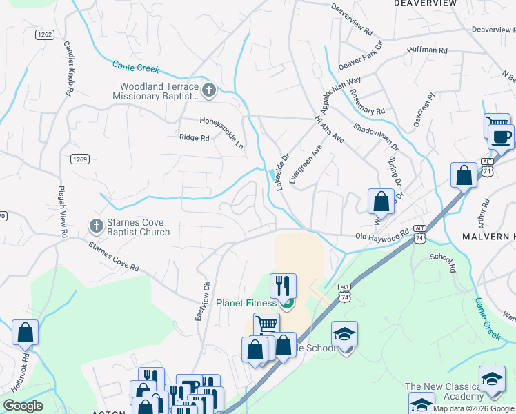 map of restaurants, bars, coffee shops, grocery stores, and more near 121 Rough Bark Trail in Asheville