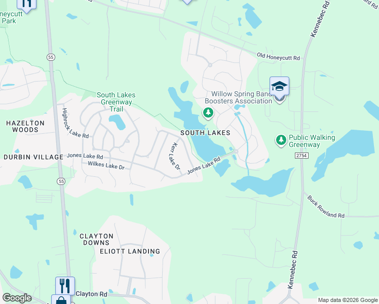map of restaurants, bars, coffee shops, grocery stores, and more near 527 Glenville Lake Drive in Fuquay-Varina
