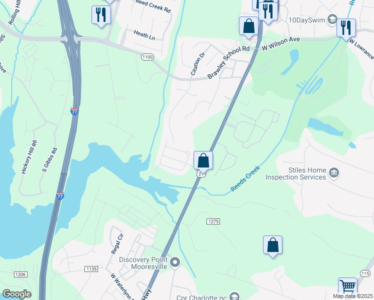 map of restaurants, bars, coffee shops, grocery stores, and more near 134 North Arcadian Way in Mooresville