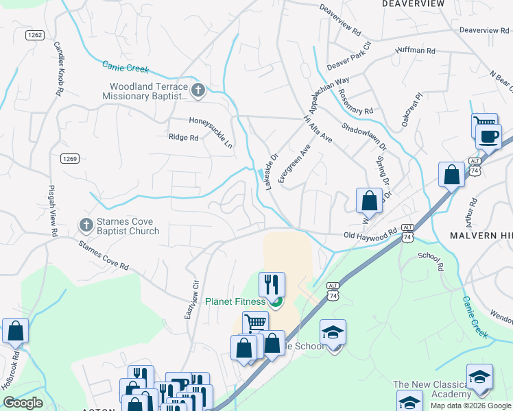 map of restaurants, bars, coffee shops, grocery stores, and more near 121 Rough Bark Trail in Asheville
