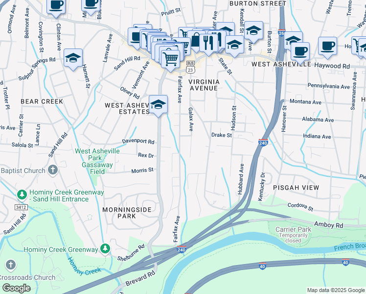 map of restaurants, bars, coffee shops, grocery stores, and more near 150 Fairfax Avenue in Asheville