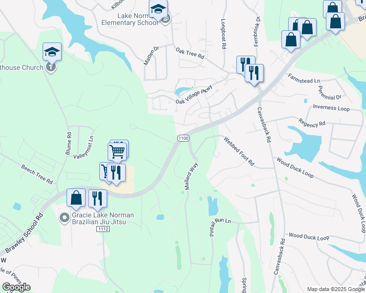 map of restaurants, bars, coffee shops, grocery stores, and more near 155 Dabbling Duck Circle in Mooresville