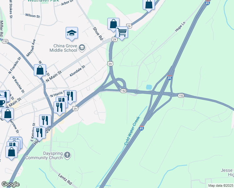 map of restaurants, bars, coffee shops, grocery stores, and more near 1150 Power Street in China Grove