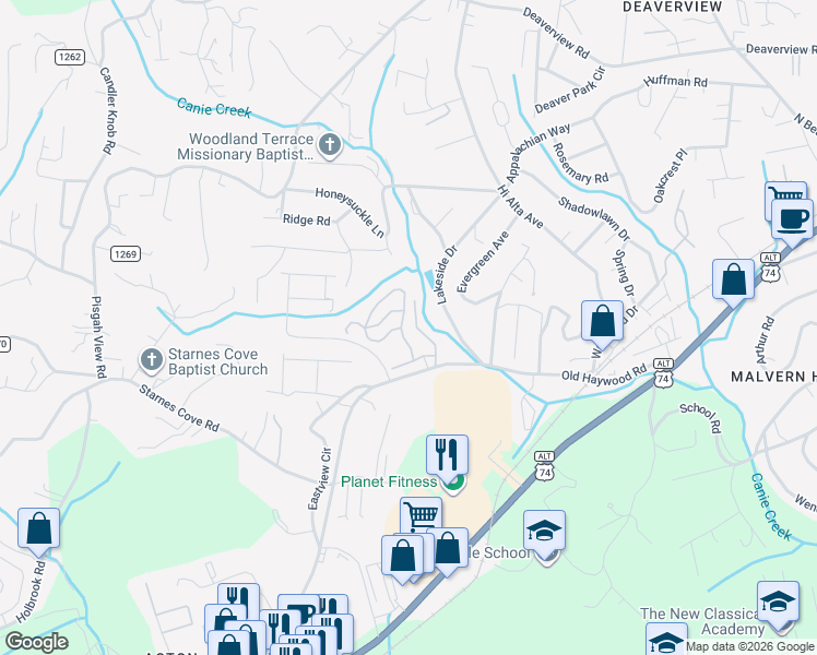 map of restaurants, bars, coffee shops, grocery stores, and more near 313 Iron Ridge Loop in Asheville