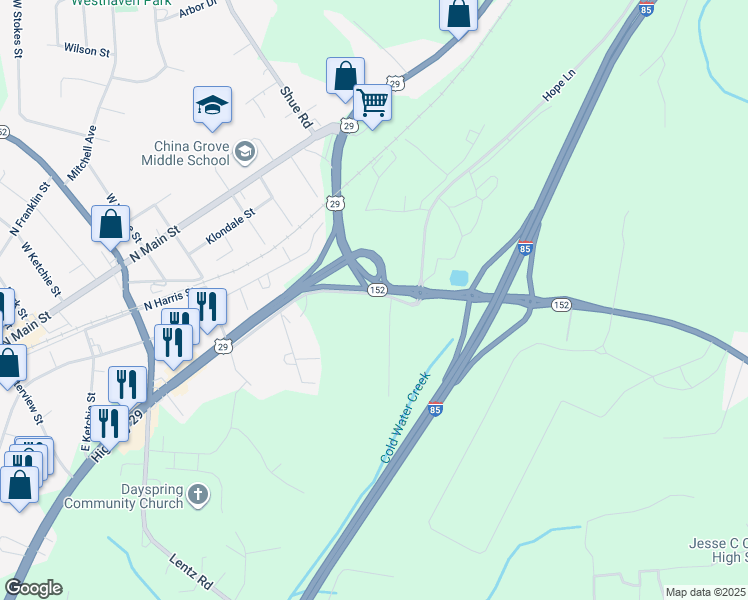 map of restaurants, bars, coffee shops, grocery stores, and more near 1180 Power Street in China Grove