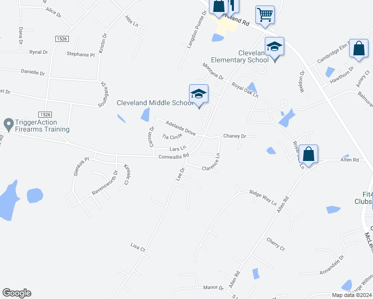 map of restaurants, bars, coffee shops, grocery stores, and more near 83 Lars Lane in Garner