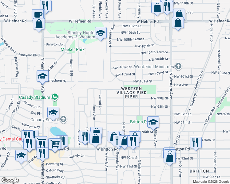 map of restaurants, bars, coffee shops, grocery stores, and more near 1421 Northwest 100th Street in Oklahoma City