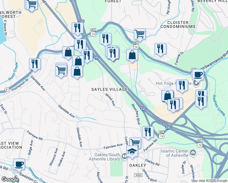 map of restaurants, bars, coffee shops, grocery stores, and more near 17 Sayles Road in Asheville