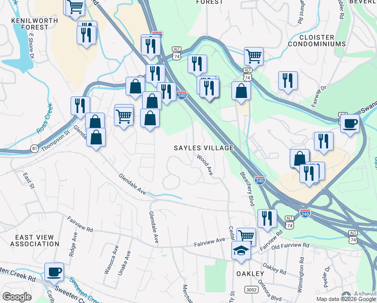 map of restaurants, bars, coffee shops, grocery stores, and more near 18 Wood Avenue in Asheville
