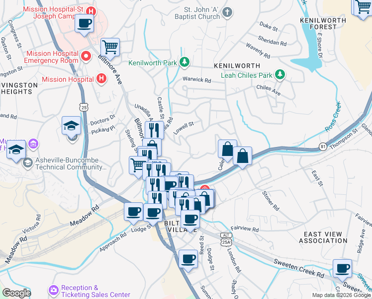 map of restaurants, bars, coffee shops, grocery stores, and more near 67 Caledonia Road in Asheville