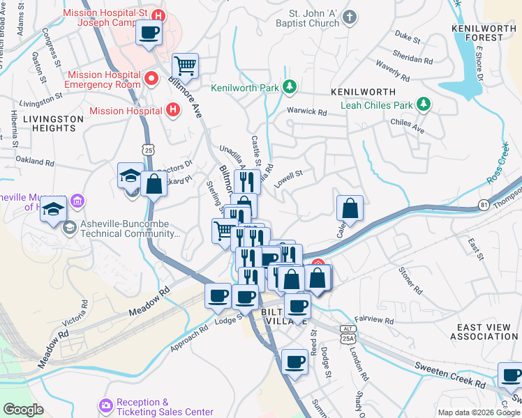 map of restaurants, bars, coffee shops, grocery stores, and more near 225 Bowling Park Road in Asheville