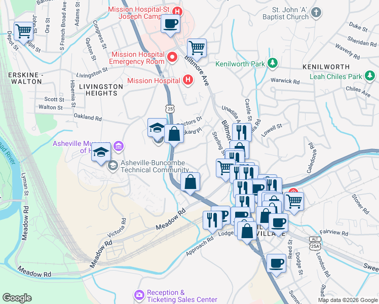 map of restaurants, bars, coffee shops, grocery stores, and more near 49 Grindstaff Drive in Asheville