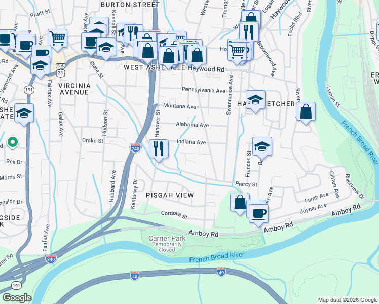map of restaurants, bars, coffee shops, grocery stores, and more near 60 Indiana Avenue in Asheville